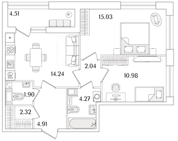 Квартира 58 м², 2-комнатная - изображение 1