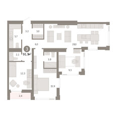 Квартира 91,9 м², 3-комнатная - изображение 2