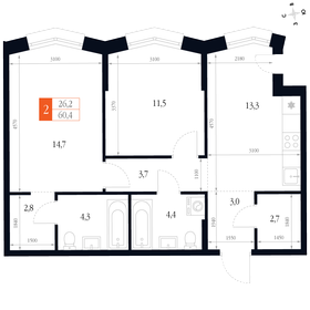 Квартира 60,4 м², 2-комнатная - изображение 1