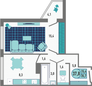 Квартира 37,8 м², 1-комнатная - изображение 1