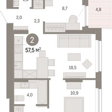 Квартира 57,5 м², 2-комнатная - изображение 3