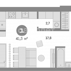 Квартира 41,3 м², 1-комнатная - изображение 2