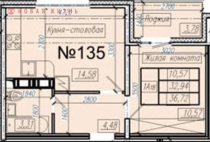 Квартира 36 м², 1-комнатная - изображение 1