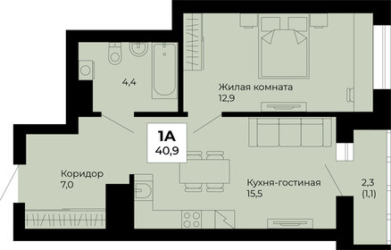 Квартира 40,9 м², 1-комнатная - изображение 1