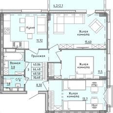 Квартира 70,7 м², 3-комнатная - изображение 2