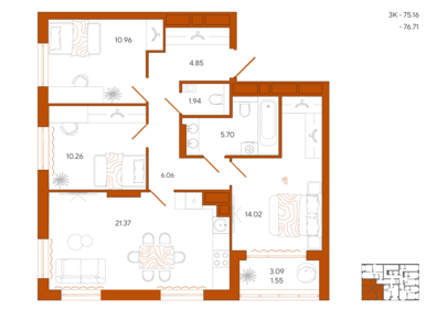 Квартира 76,7 м², 3-комнатная - изображение 1