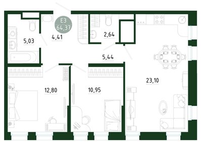 Квартира 64,4 м², 2-комнатная - изображение 1