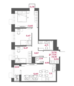 Квартира 74,8 м², 3-комнатная - изображение 1
