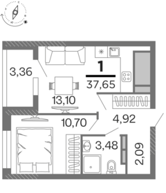Квартира 36 м², 1-комнатная - изображение 1