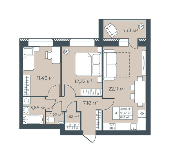 59,5 м², 3-комнатная квартира 6 805 904 ₽ - изображение 25