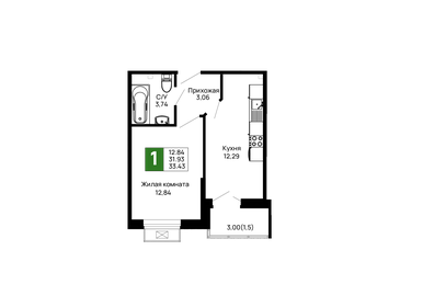 Квартира 33,4 м², 1-комнатная - изображение 1