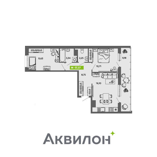 57,4 м², 2-комнатная квартира 8 919 140 ₽ - изображение 1