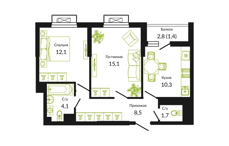 53,2 м², 2-комнатная квартира 3 724 000 ₽ - изображение 1