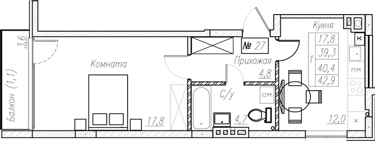 Квартира 40,4 м², 1-комнатная - изображение 1