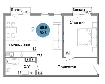 Квартира 60,8 м², 2-комнатная - изображение 1