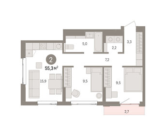 Квартира 55,3 м², 2-комнатная - изображение 1