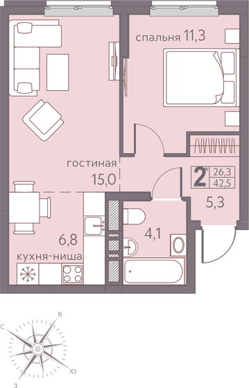 43,9 м², 2-комнатная квартира 7 336 500 ₽ - изображение 3