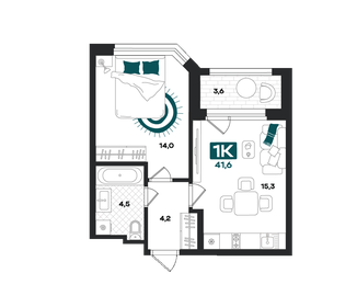 Квартира 41,6 м², 1-комнатная - изображение 1
