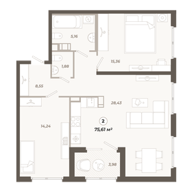 Квартира 75,6 м², 2-комнатная - изображение 1