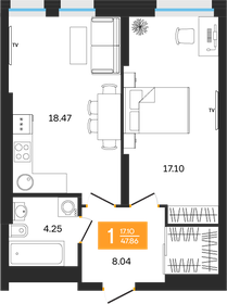 Квартира 47,9 м², 1-комнатная - изображение 1