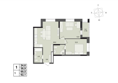 Квартира 60,5 м², 2-комнатная - изображение 1