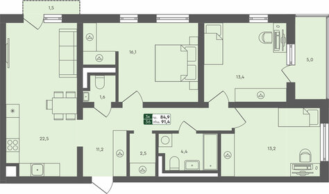 Квартира 91,4 м², 3-комнатная - изображение 1