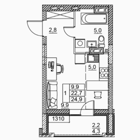 Квартира 24,9 м², 1-комнатная - изображение 1