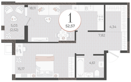 Квартира 52,6 м², 1-комнатная - изображение 1
