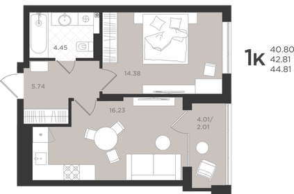 Квартира 42,8 м², 1-комнатная - изображение 1