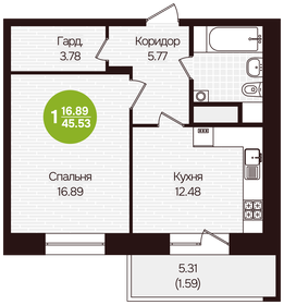 Квартира 45,5 м², 1-комнатная - изображение 1