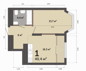 Квартира 40,4 м², 1-комнатная - изображение 1