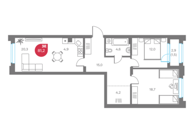 Квартира 81,2 м², 3-комнатная - изображение 1