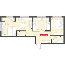 Квартира 69,3 м², 3-комнатная - изображение 1
