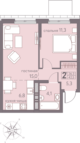 42,4 м², 2-комнатная квартира 6 614 400 ₽ - изображение 12