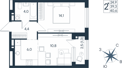 Квартира 40,6 м², 2-комнатная - изображение 1