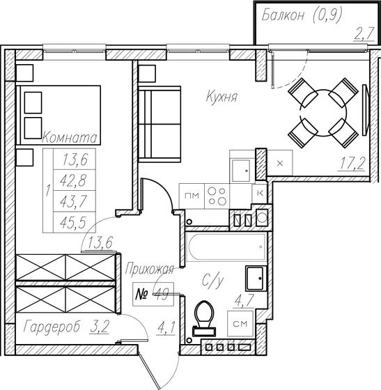 43,8 м², 1-комнатная квартира 8 423 800 ₽ - изображение 37