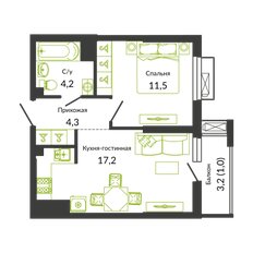 Квартира 42,8 м², 2-комнатная - изображение 1