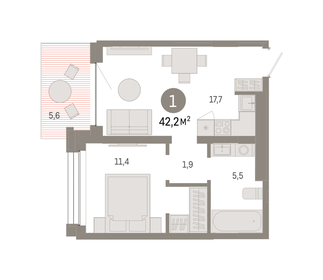 Квартира 42,2 м², 1-комнатная - изображение 1