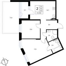 Квартира 62,8 м², 2-комнатная - изображение 2