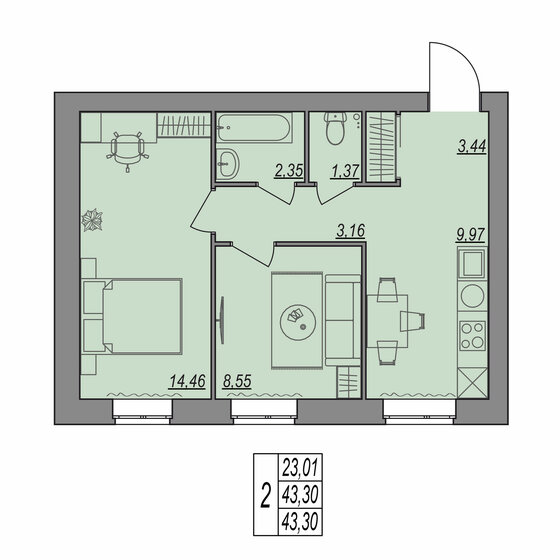 44,1 м², 2-комнатная квартира 4 104 090 ₽ - изображение 16