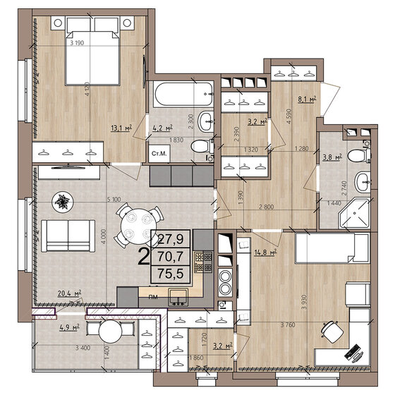 68,8 м², 2-комнатная квартира 11 833 600 ₽ - изображение 15