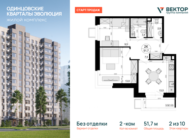 Квартира 51,7 м², 2-комнатная - изображение 1