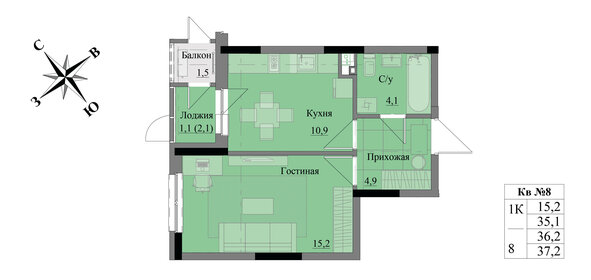 Квартира 36,2 м², 1-комнатная - изображение 1