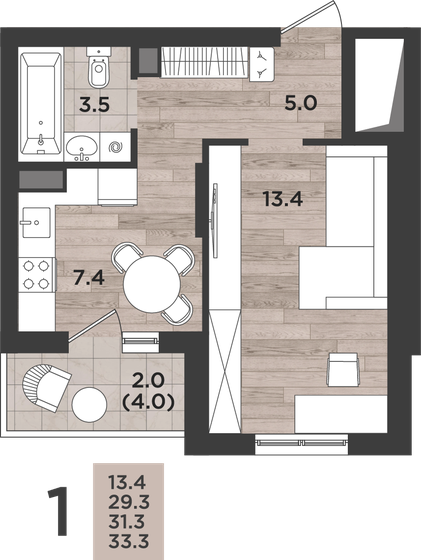 32 м², 1-комнатная квартира 4 374 400 ₽ - изображение 27