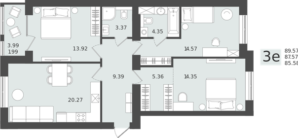 Квартира 87,6 м², 3-комнатная - изображение 1