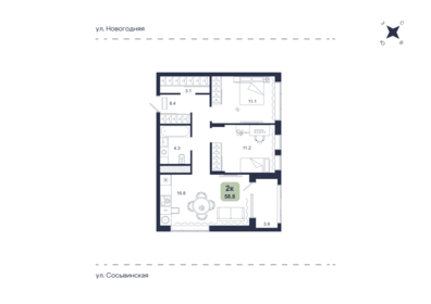 Квартира 58,8 м², 2-комнатная - изображение 1