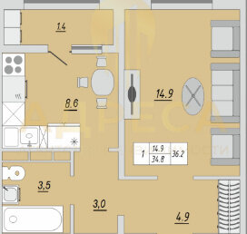 Квартира 36,2 м², 1-комнатная - изображение 1