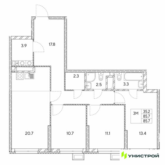 95,2 м², 3-комнатная квартира 11 741 000 ₽ - изображение 24