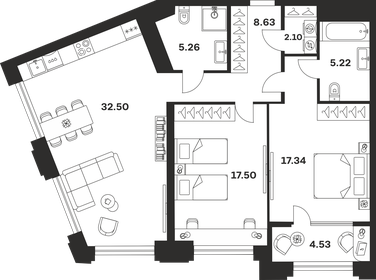 Квартира 93,1 м², 2-комнатная - изображение 1