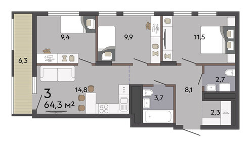 Квартира 64,3 м², 3-комнатная - изображение 2